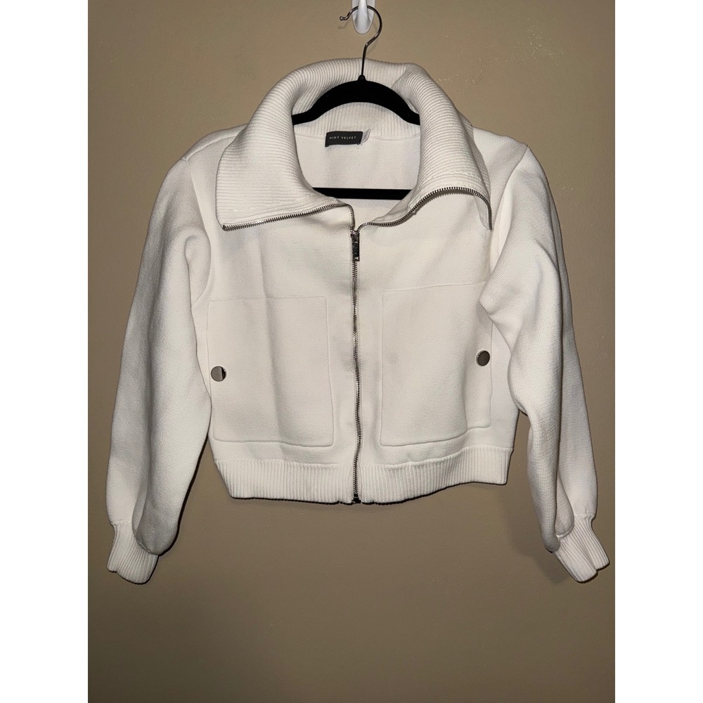 Mint Velvet Cream Knit Zip Up Bomber Jacket Cropped Ivory Size M Minimalist